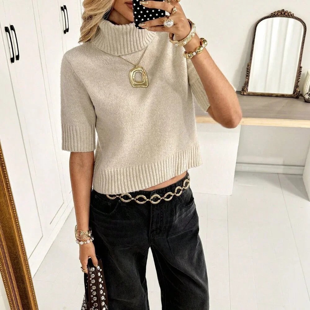 Apricot Preppy Women's Turtleneck Short Sleeve Knit Sweater